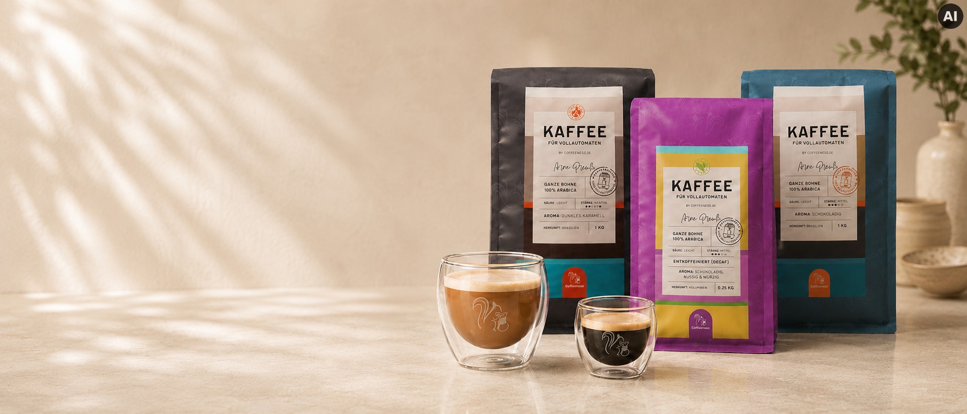 Coffeeness Kaffee für Vollautomaten – drei Sorten ganze Bohne mit zwei doppelwandigen Gläsern